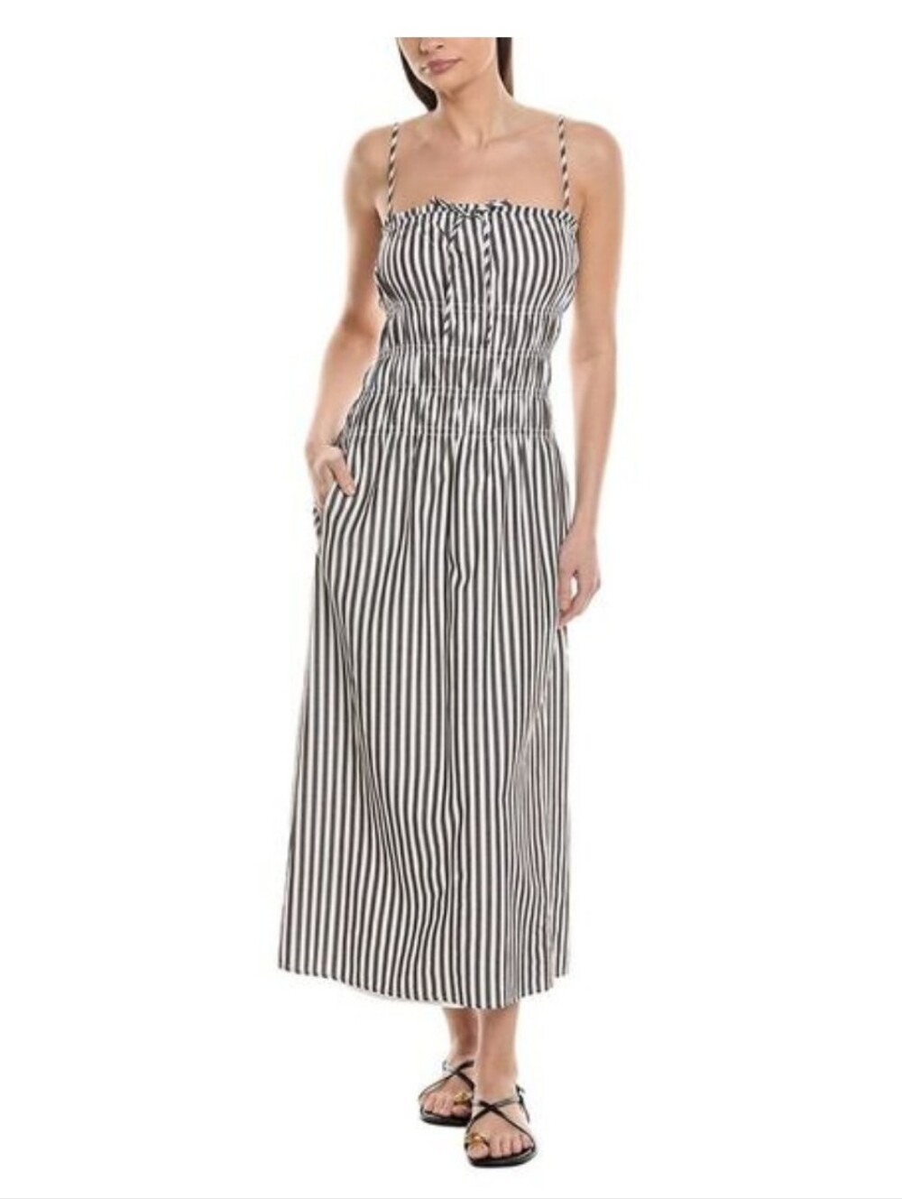 Onia Striped Dark Chocolate and White Smocked Midi Dress